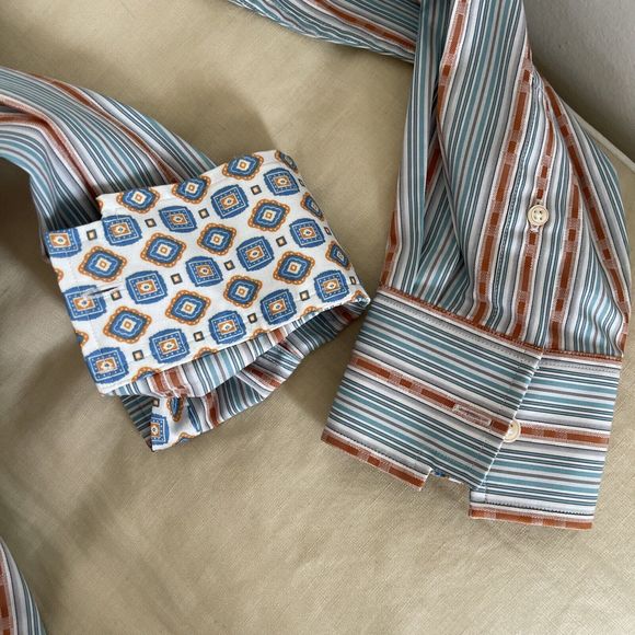 Robert Graham Contrast Flip Cuff Teal Orange Blue Striped Floral Embroidered L - Picture 6 of 7